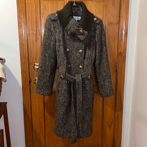 Calvin Klein wool tweed coat double breasted with belt Color: brown gray cream - Picture 2 of 10
